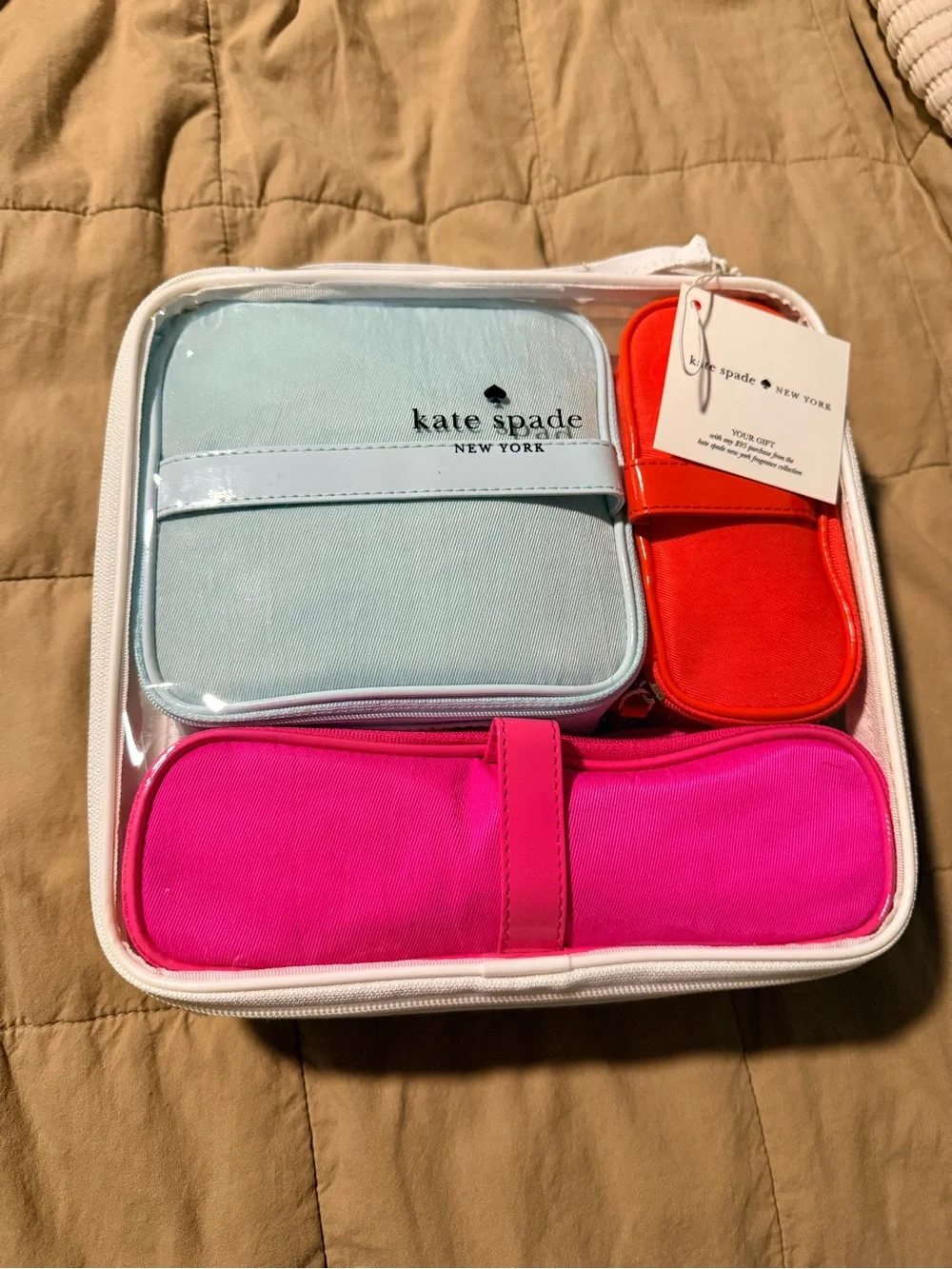 Kate Spade Cosmetic Bag Collection Set of 3, Light Blue, Hot Pink & Red-Orang